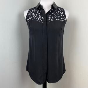 Milly Black Silk Lace Lamb leather Sleeveless Button Down Blouse Size 2